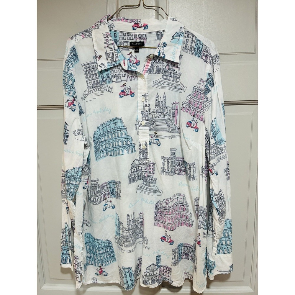 Talbots Women XL 1/2 Button Up Long Sleeve Lightweight Blouse tunic Cotton Roman